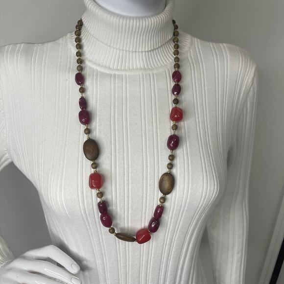 Sonoma beaded necklace signed costume jewelry chunky red brown resin wooden beea - Picture 3 of 9
